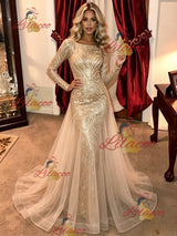 Gold Sequins Long Sleeve Prom Dress