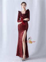 Long Sleeve V-neck Sequins Prom Dress