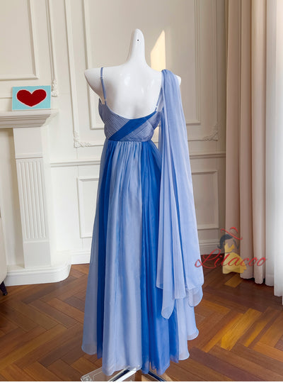 Blue Chiffon Spaghetti Straps Pleats Prom Dress