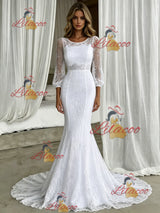 White Mermaid Lace Short Sleeve Wedding Dress