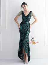 Hi Lo V-neck Sequins Beading Prom Dress