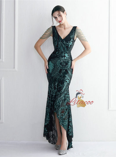 Hi Lo V-neck Sequins Beading Prom Dress