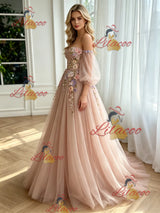 Pink Tulle Long Sleeve Appliques Prom Dress