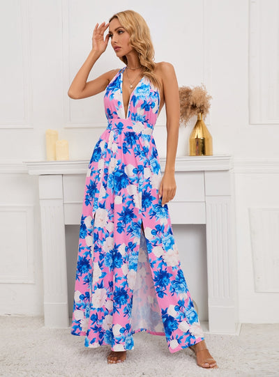 Sexy Deep V-neck Slit Printed Long Dress