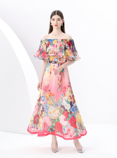 Off the Shoulder Holiday Print Long Dress