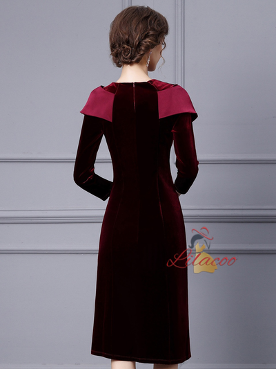 Burgundy Velvet Long Sleeve Mother Of The Bride Dress
