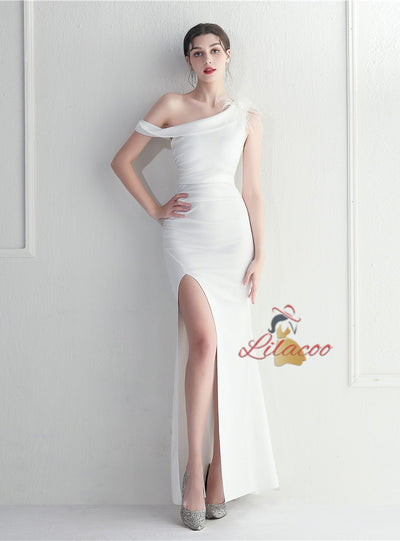 Navy Blue One Shoulder Split Prom Dress