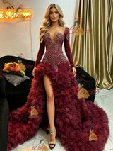 Burgundy Mermaid Long Sleeve Beading Prom Dress