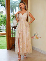 Champagne Tulle Sequins Split Prom Dress