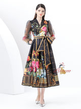 V-neck Lantern Sleeve Long Retro Print Dress