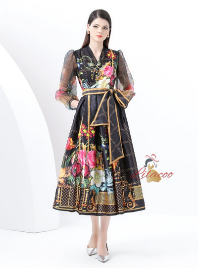 V-neck Lantern Sleeve Long Retro Print Dress