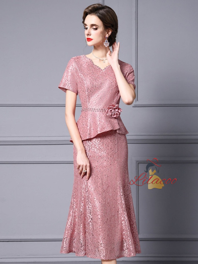 Red Lace Beading Flower Mother Of The Bride Dress