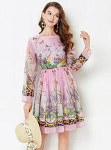 Round Neck Long Sleeve Purple Print Dress