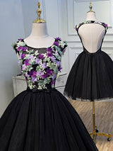 Black Tulle Backless 3D Flower Homecoming Dress