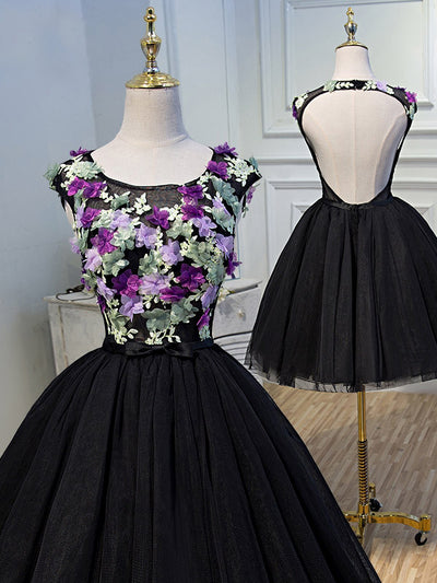 Black Tulle Backless 3D Flower Homecoming Dress