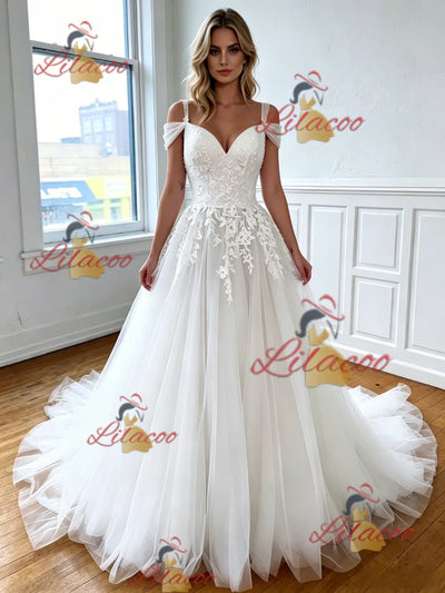 White Tulle Straps Appliques Wedding Dress