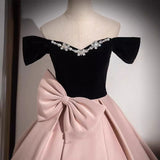 Pink Satin Off the Shoulder Bow Prom Dress