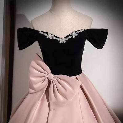Pink Satin Off the Shoulder Bow Prom Dress