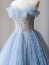 Blue Tulle Lace Pleats Strapless Prom Dress