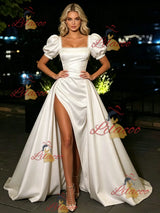 White Satin Puff Sleeve Pleats Prom Dress