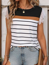 Striped Contrast Lace Stitching T-shirt