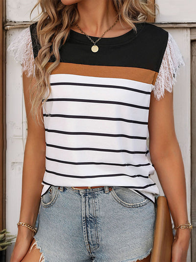 Striped Contrast Lace Stitching T-shirt