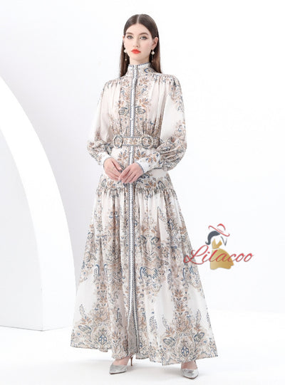 Palace Lantern Sleeve Button Print Dress