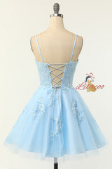 Blue Tulle Spaghetti Straps Homecoming Dress