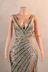 Gold Mermaid Sequins V-neck Split Prom Dress