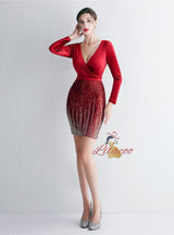 Velvet Long Sleeve V-neck Mini Prom Dress