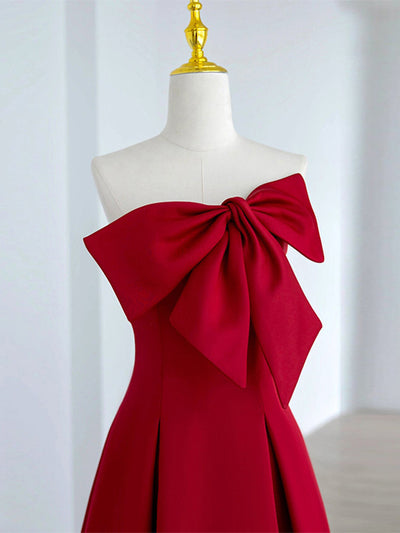 Burgundy Strapless Bow Prom Dress