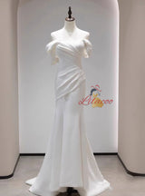 White Mermaid Satin Pleats Wedding Dress