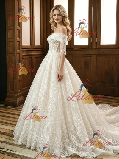 Ivory Lace Short Sleeve Off the Shoulder Wedding Dress