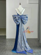 Blue Mermaid Velvet Straps Bow Prom Dress