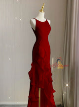 Burgundy Mermaid Halter Backless Prom Dress