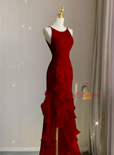 Burgundy Mermaid Halter Backless Prom Dress