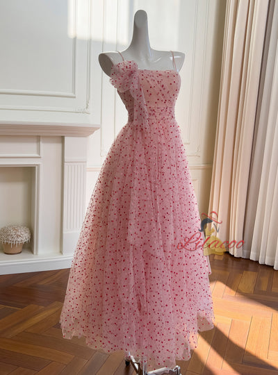 Pink Long Gauze Print Suspender Dress