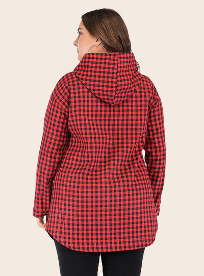 Hooded Long-sleeved Plaid Jacket Coat