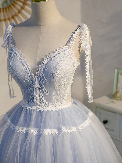 Simple Blue Tulle Lace Straps Homecoming Dress