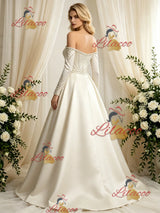Ivory Satin Long Sleeve Beading Wedding Dress