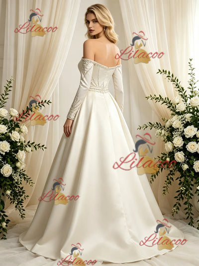 Ivory Satin Long Sleeve Beading Wedding Dress