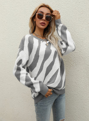 Women Round Neck Striped Sweater