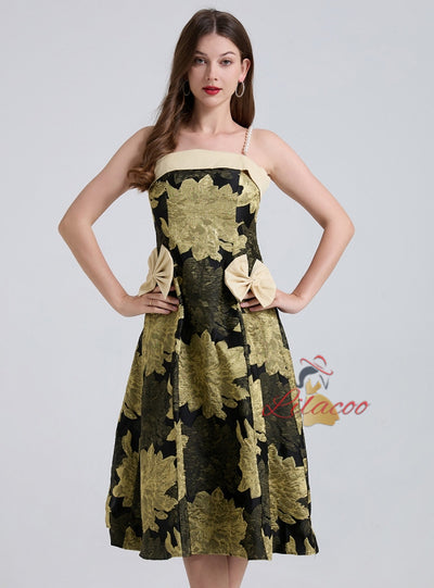 Jacquard Pearl Suspender Bow Stitching Dress