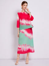 Printed Pleated Top+Skirt Suit