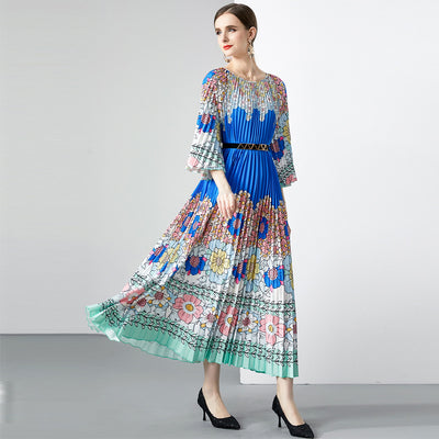 Folding Print Short Sleeve Long Dress