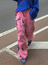 Graffiti Print Washed Wide Leg Raw Jeans