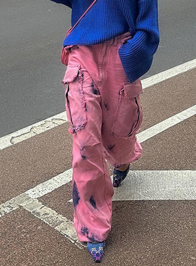 Graffiti Print Washed Wide Leg Raw Jeans