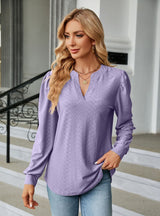Solid Color V-neck Jacquard Long Sleeve T-shirt