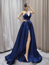 Dark Blue Satin Strapless Split Prom Dress