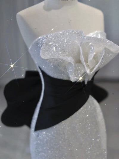 White Mermaid Sequins Pleats Prom Dress